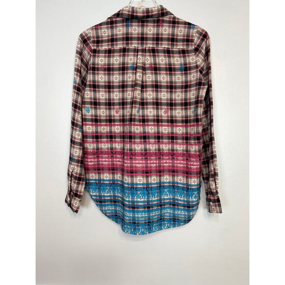 Roller Rabbit Brown Pockets Flannel Top Shirt Aztec Plaid Batik IKAT XS - Picture 2 of 12